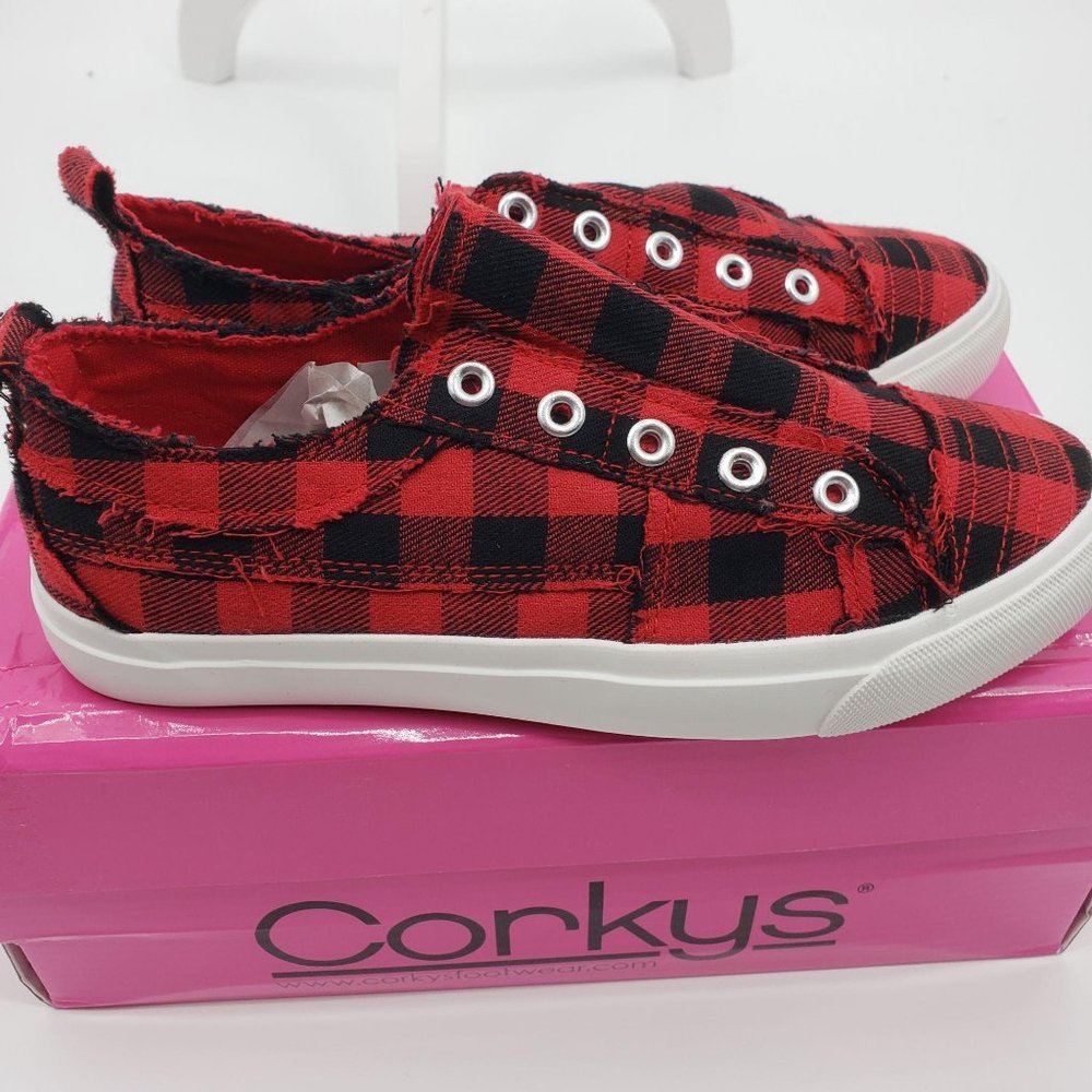 CORKYS Babalu Red Buffalo Plaid Slip On Sneakers Distressed Tennis Shoes 6-9 NWT - Picture 4 of 8